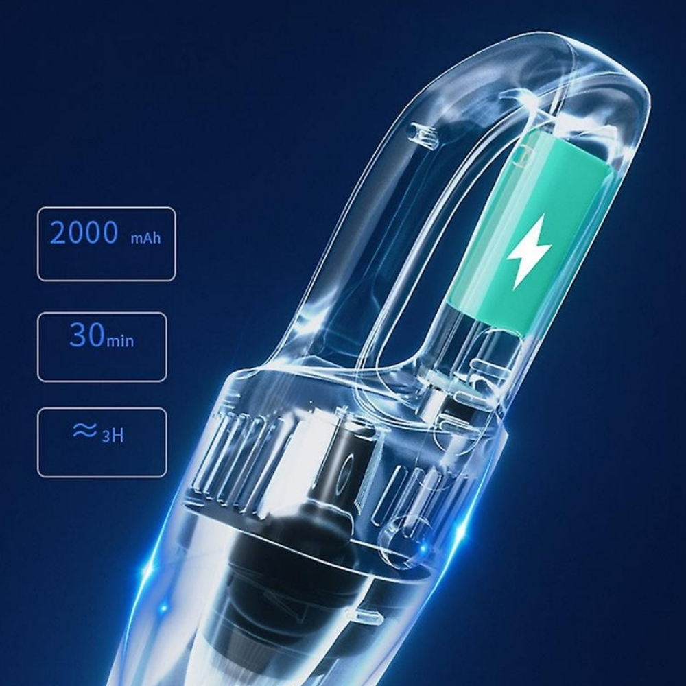 Transparenter Staubsauger mit grünem Batteriesymbol und weißem Blitz. Anzeige zeigt 2000 mAh, 30 min und 3H.