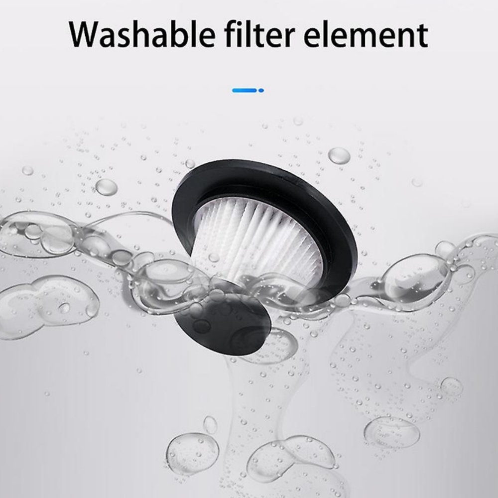 Ein waschbares Filterelement. Der Filter ist schwarz und weiß, umgeben von Wasser mit Blasen. Der Text 'Waschbares Filterelement' steht oben.