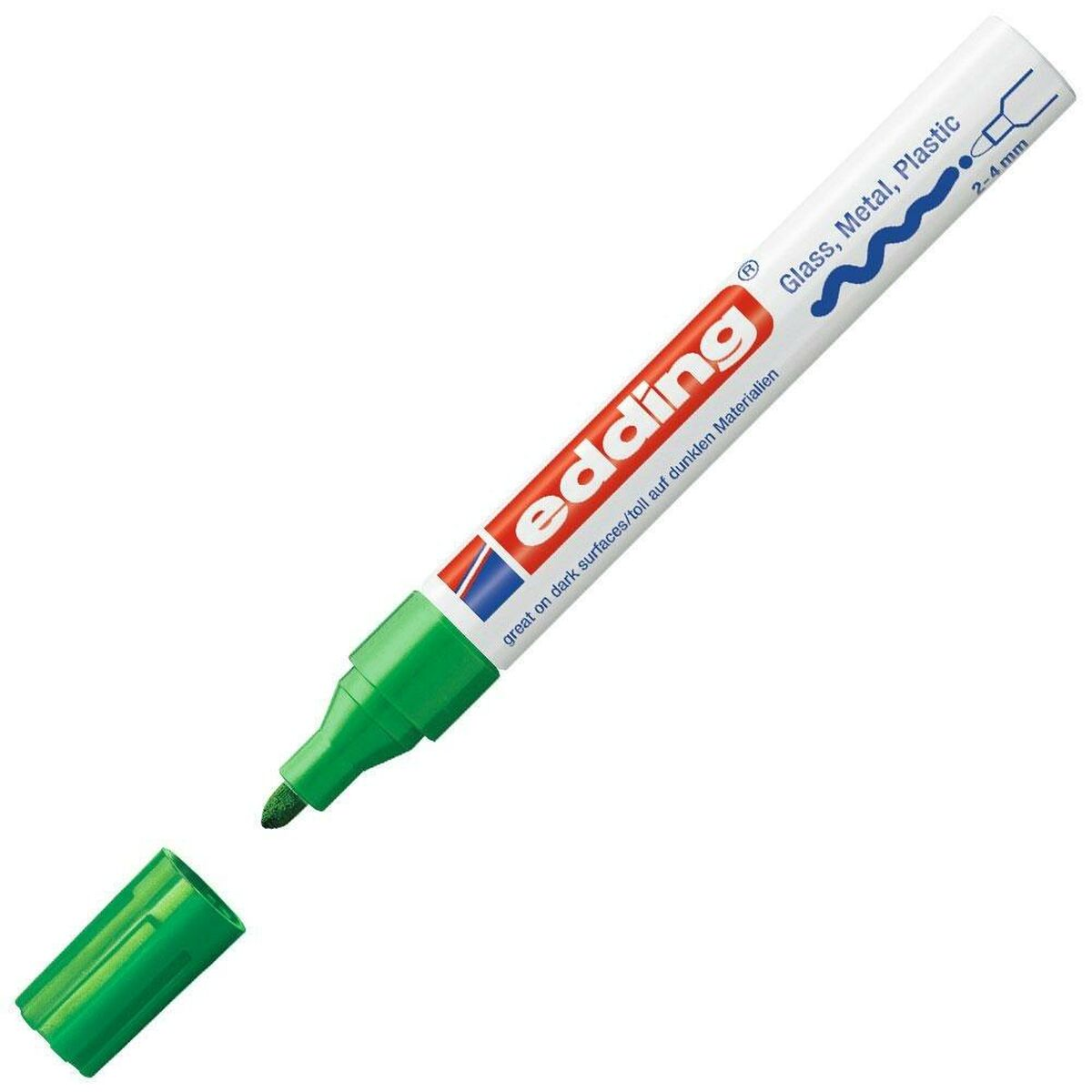 Ein grüner Edding-Marker ohne Kappe. Der Marker ist weiß mit grüner Spitze. Text: 'Glas, Metall, Kunststoff'.