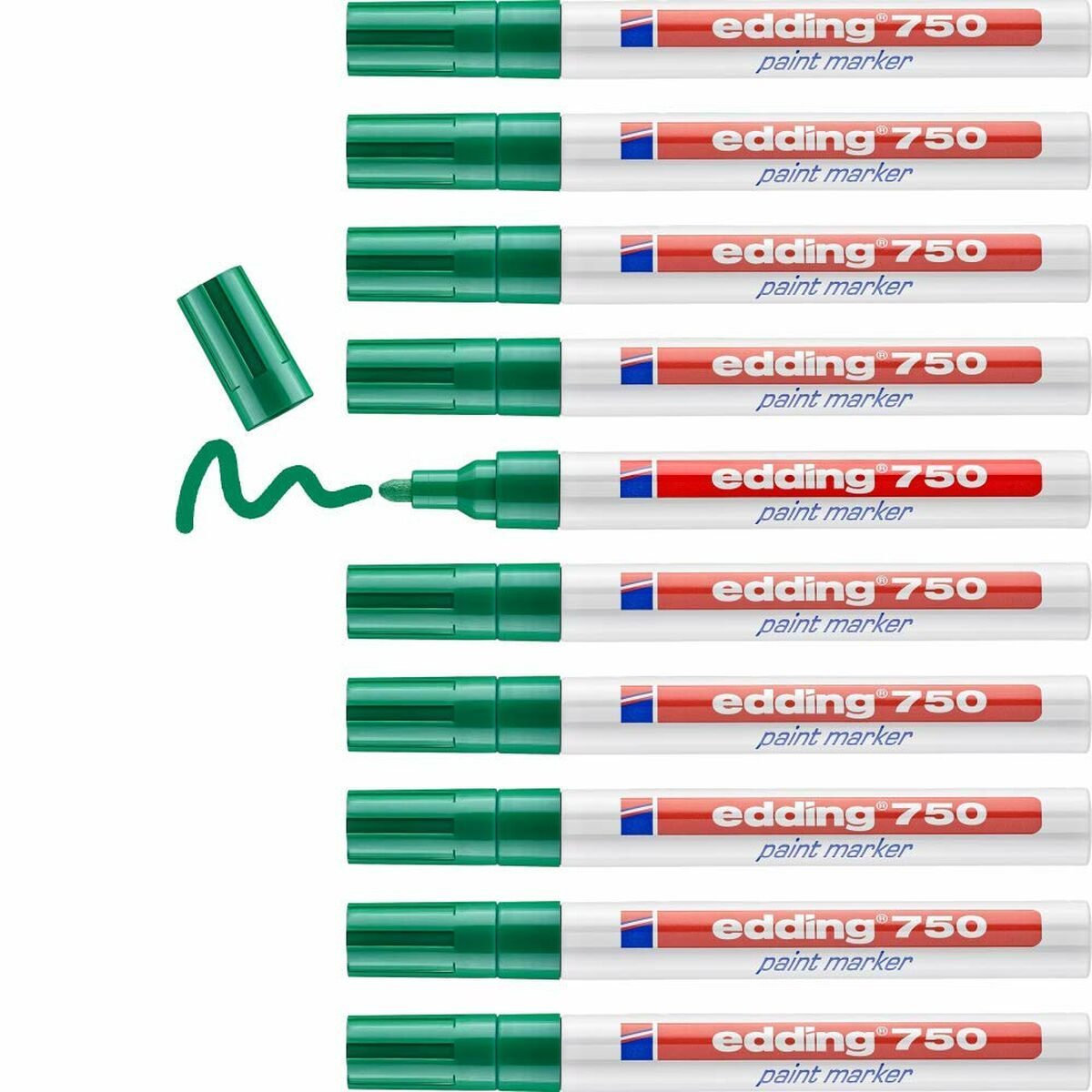 Grüne Edding 750 Farbmarker. Ein Marker ist geöffnet, mit einem grünen Strich. Andere sind verschlossen, vertikal angeordnet.
