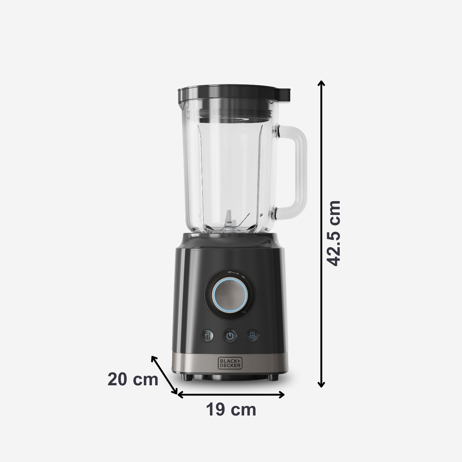 Un frullatore Black+Decker. È nero e argento, con un contenitore di vetro. Dimensioni: 42,5 cm di altezza, 19 cm di larghezza e 20 cm di profondità.