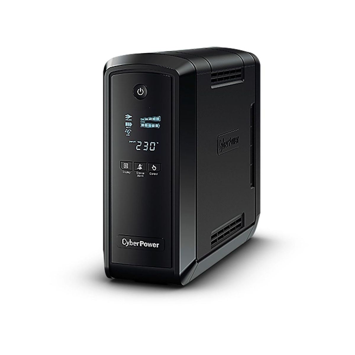 Schwarzes CyberPower USV-Gerät. Es hat einen LCD-Bildschirm mit Messwerten und darunterliegenden Tasten. Das CyberPower-Logo ist sichtbar.