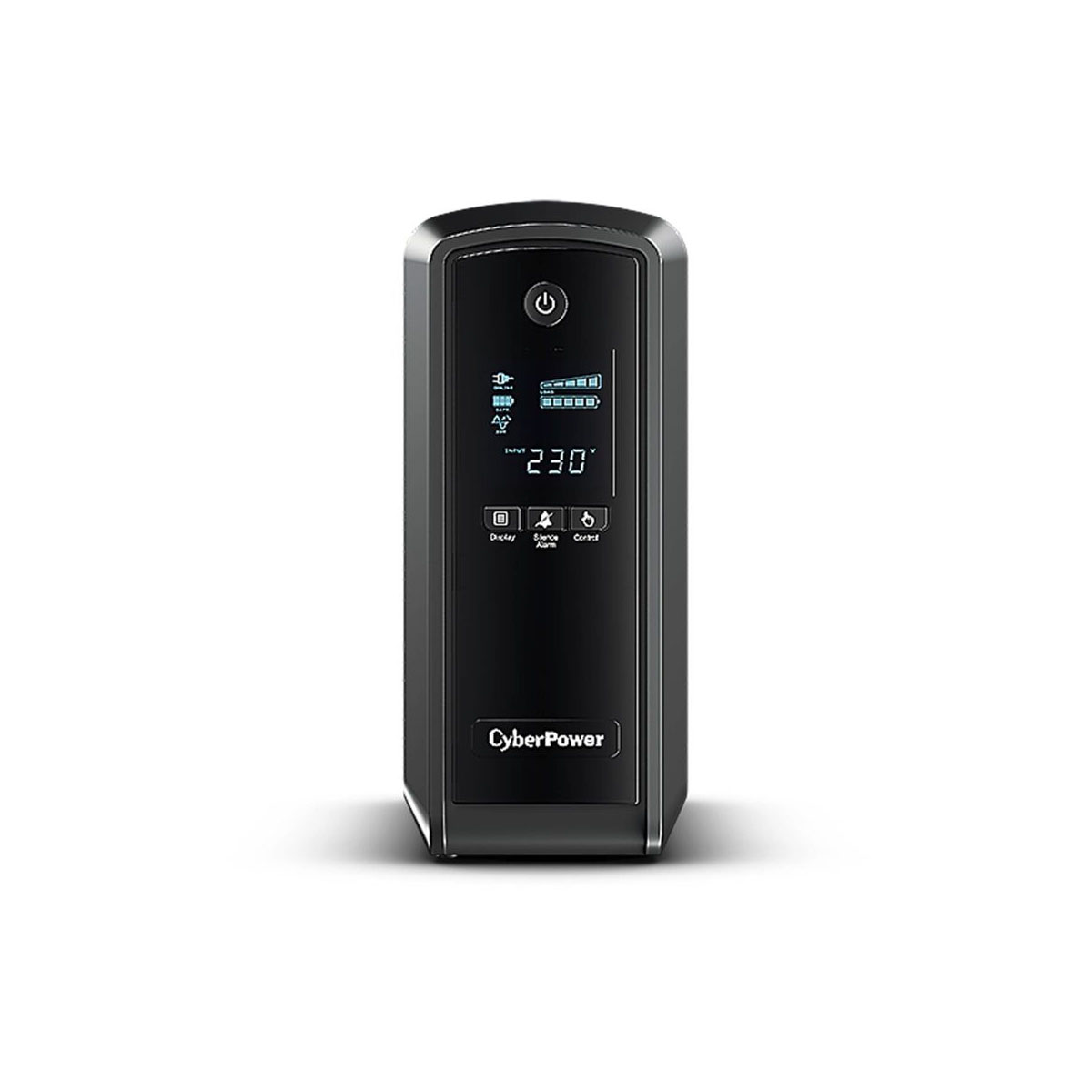 Eine schwarze CyberPower USV auf weißem Hintergrund. Es hat ein Display, das Spannung und Batteriestatus anzeigt. Der Power-Knopf befindet sich oben.