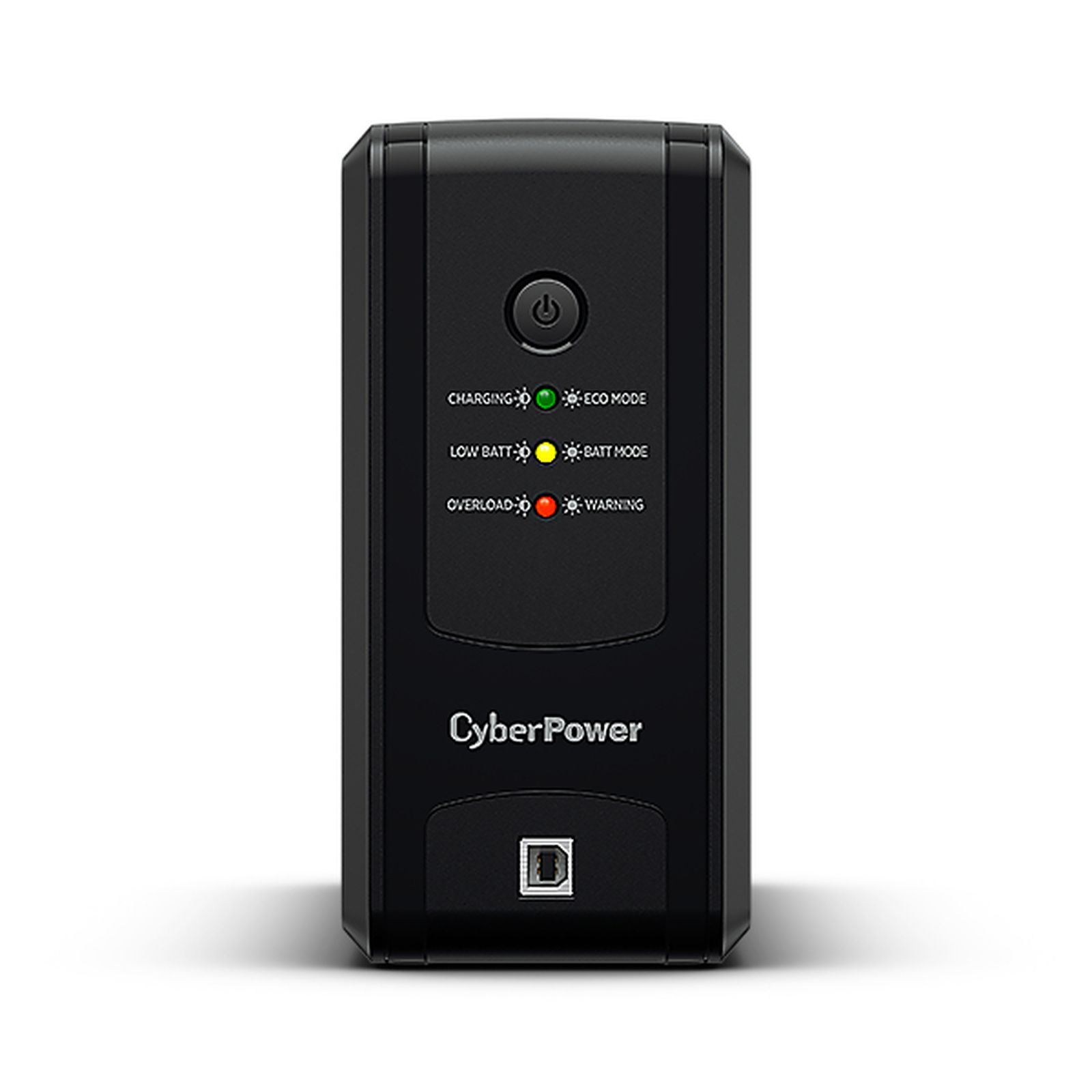 UPS CyberPower nero con spie: ricarica, modalità eco, batteria scarica, modalità batteria, sovraccarico, avviso. Porta USB in basso.