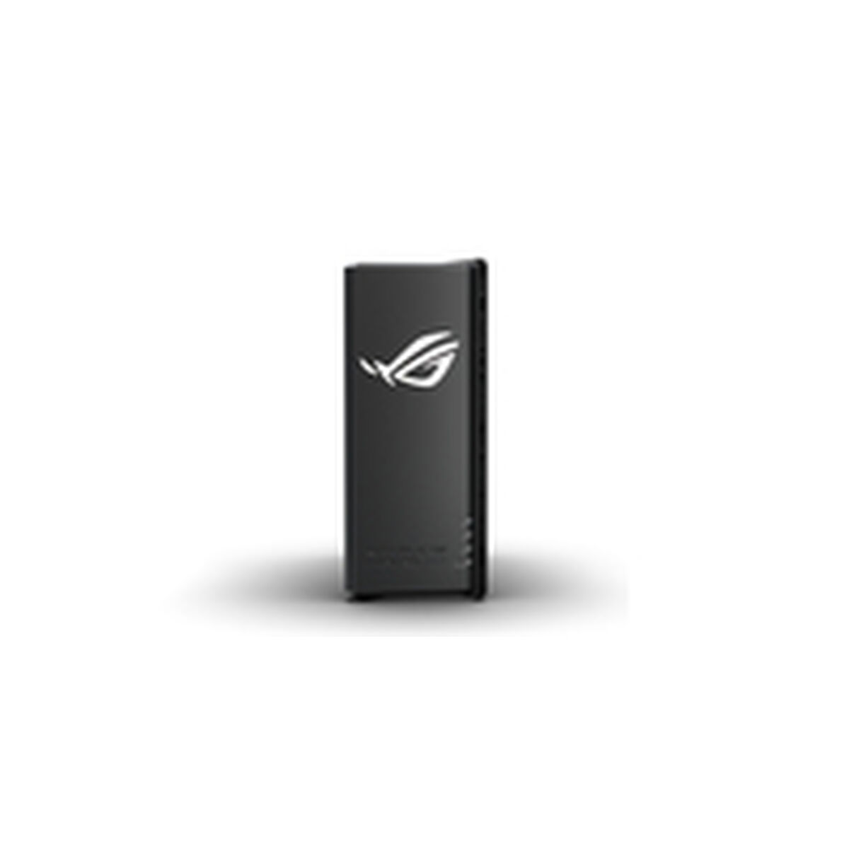 Ein schwarzes ROG-Gerät steht aufrecht auf einer weißen Oberfläche. Es hat ein weißes ROG-Logo auf der Vorderseite. Der Hintergrund ist weiß.