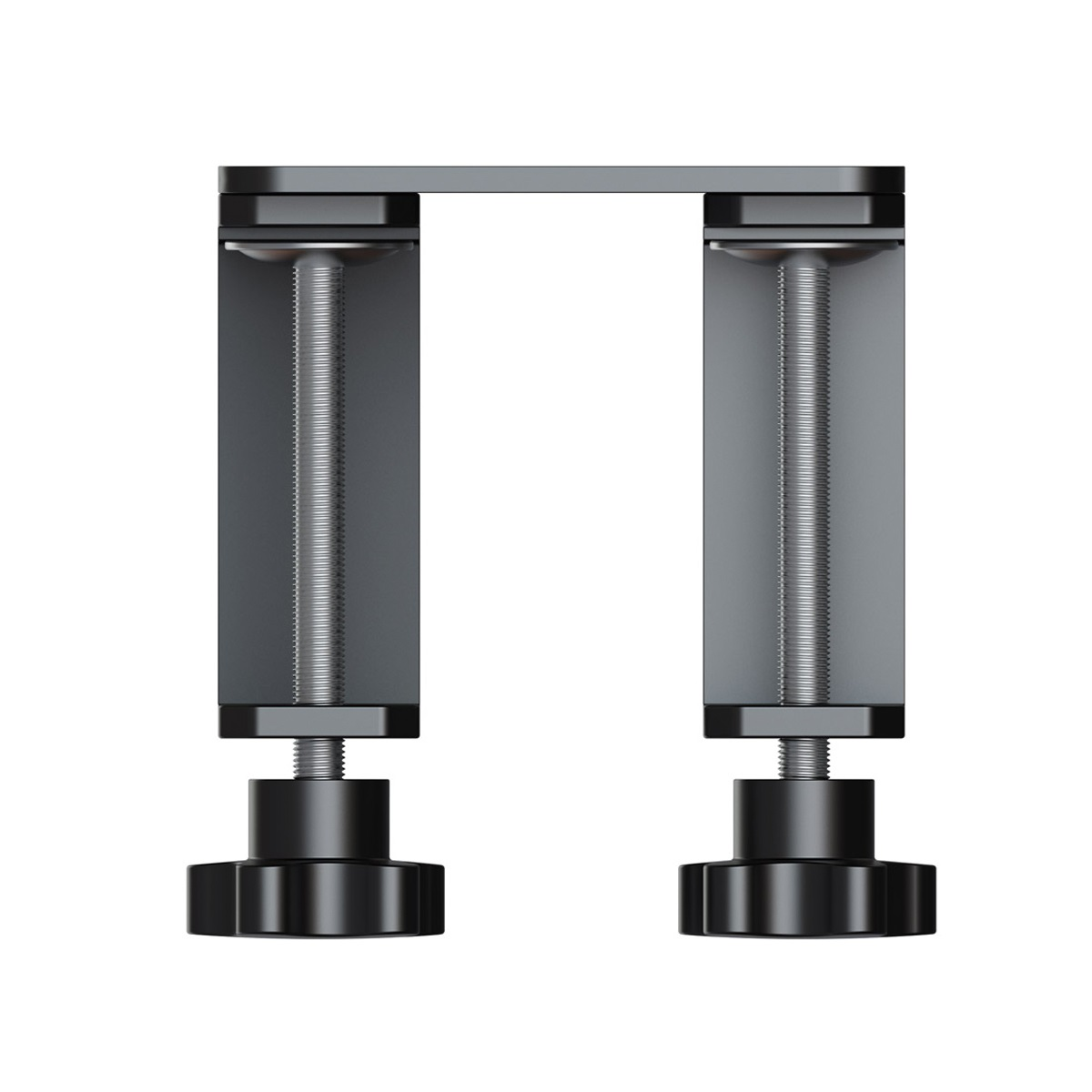 A metal clamp with two vertical columns connected by a top bar. Each column has a screw and a black knob at the bottom.
