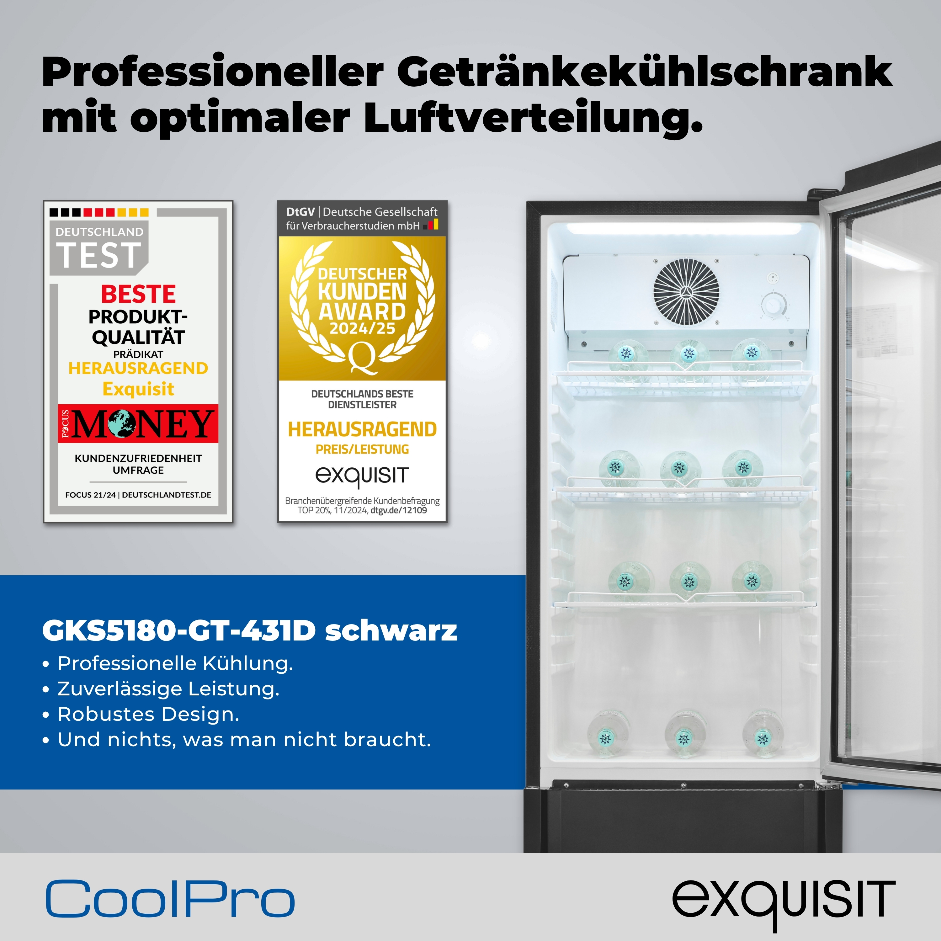 Ein Kühlschrank mit Auszeichnungen. Offene Tür zeigt Regale mit Flaschen. Text: GKS5180-GT-431D, CoolPro, Exquisit.