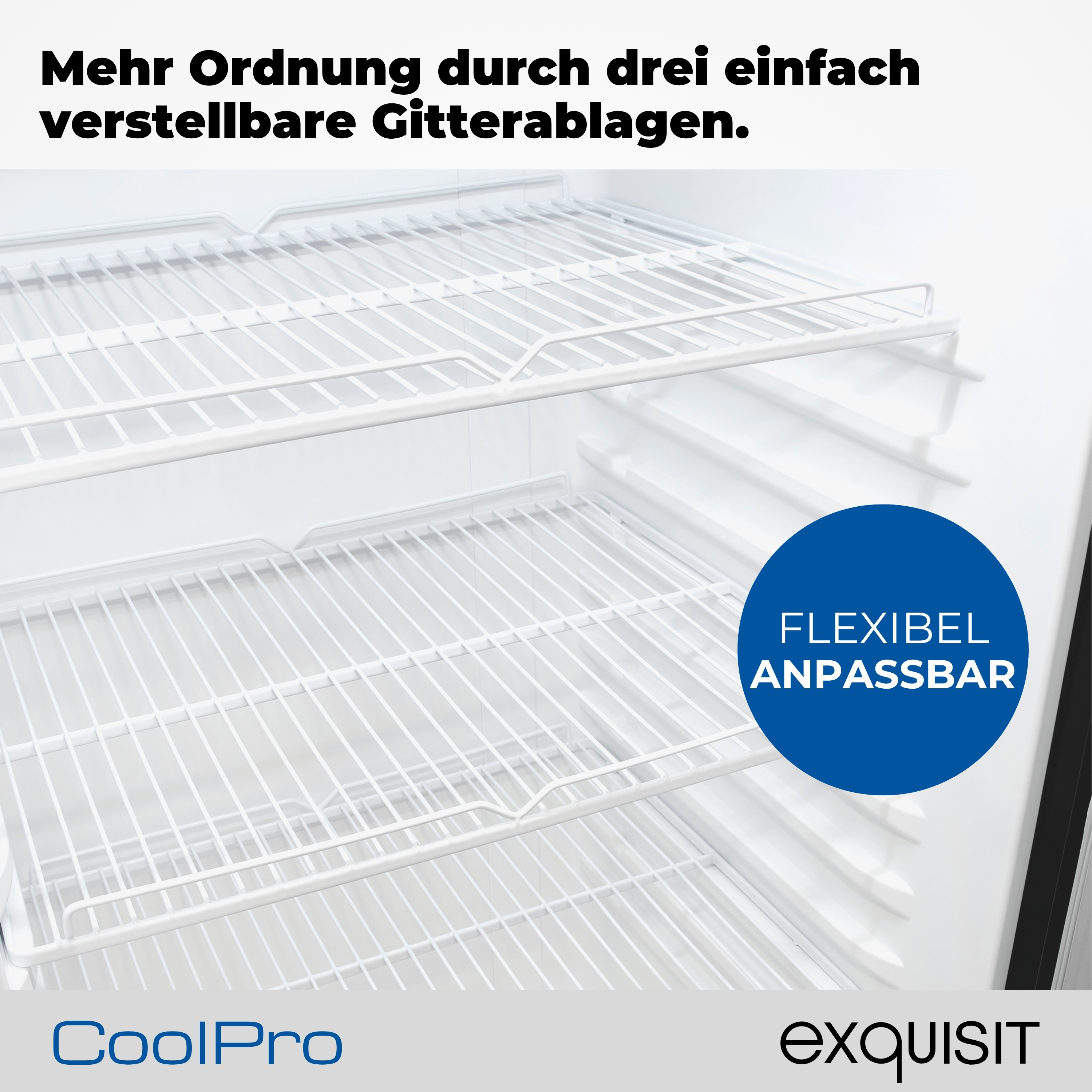 Kühlschrankinnenraum mit drei verstellbaren weißen Drahtregalen. Ein blauer Kreis sagt 'FLEXIBEL ANPASSBAR'.
