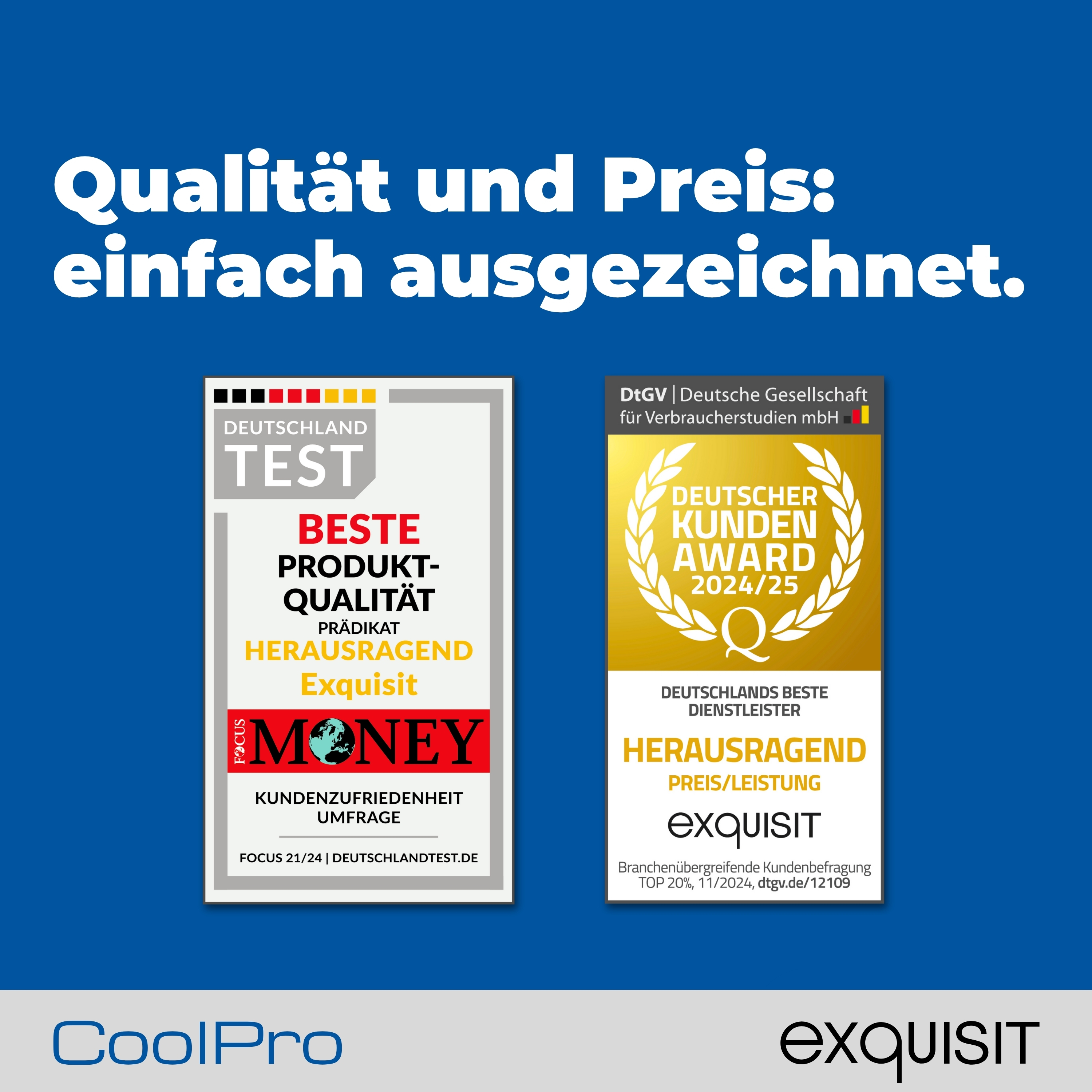 Bild mit Text: Qualität und Preis: einfach ausgezeichnet. Auszeichnungen für beste Produktqualität und Kundenzufriedenheit.
