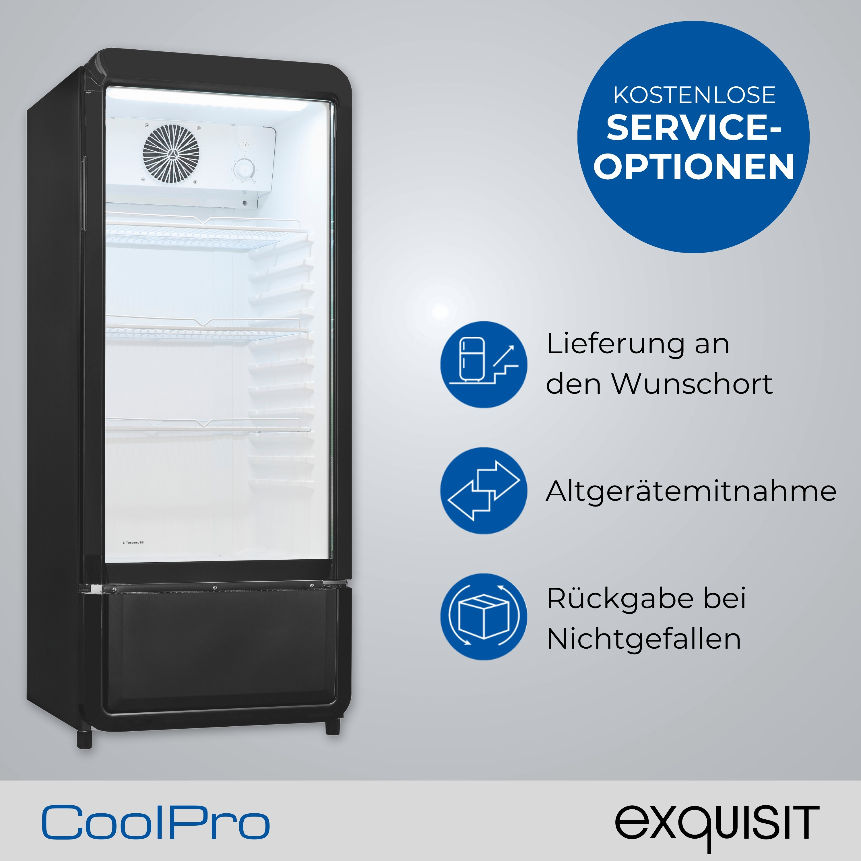 Schwarzer CoolPro-Kühlschrank mit Glastür. Blaue Kreise mit Text und Symbolen. Exquisit-Logo unten.