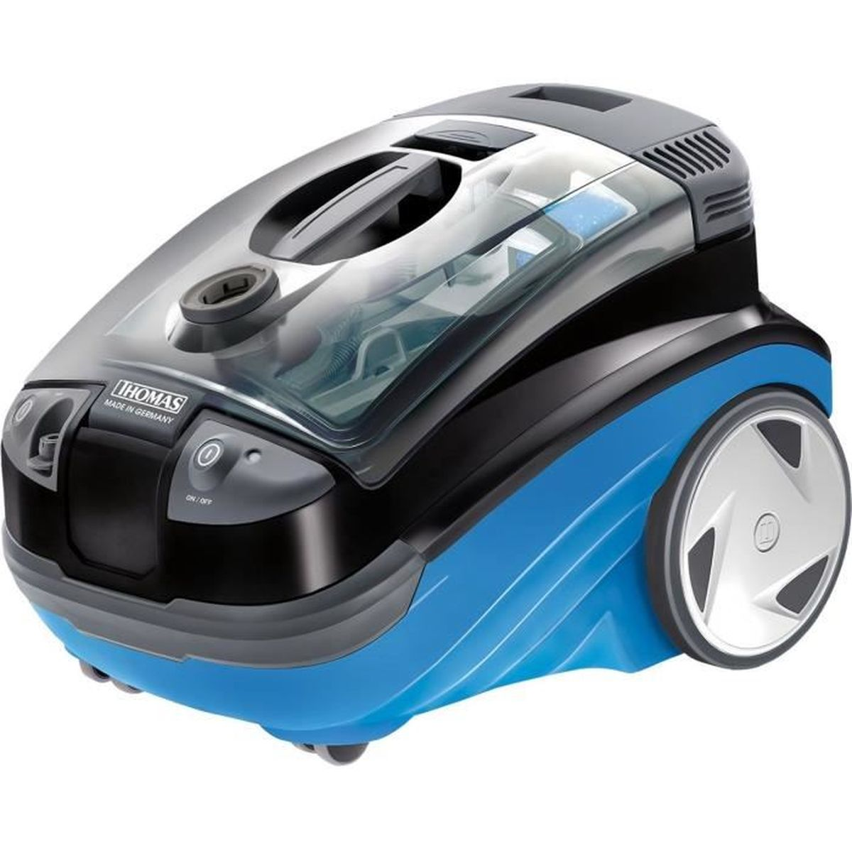 Ein blau-schwarzer Staubsauger. Er hat eine transparente Oberseite, einen Griff und ein großes Rad. Die Marke ist Thomas.
