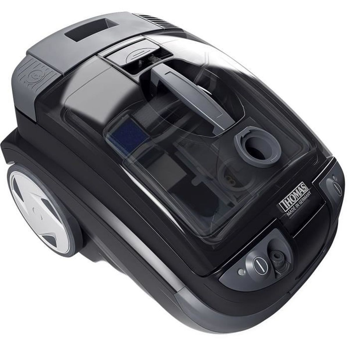 Ein schwarzer Staubsauger mit transparentem Oberteil. Es hat einen grauen Griff und Räder. Der Markenname ist sichtbar.