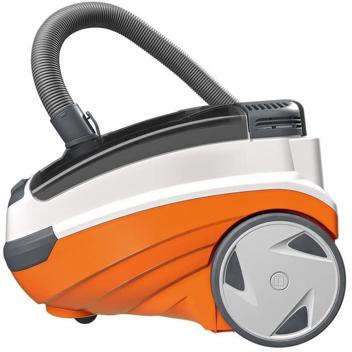 Ein orangefarbener, weißer und grauer Staubsauger mit flexiblem Schlauch und zwei großen Rädern. Der Hintergrund ist weiß.