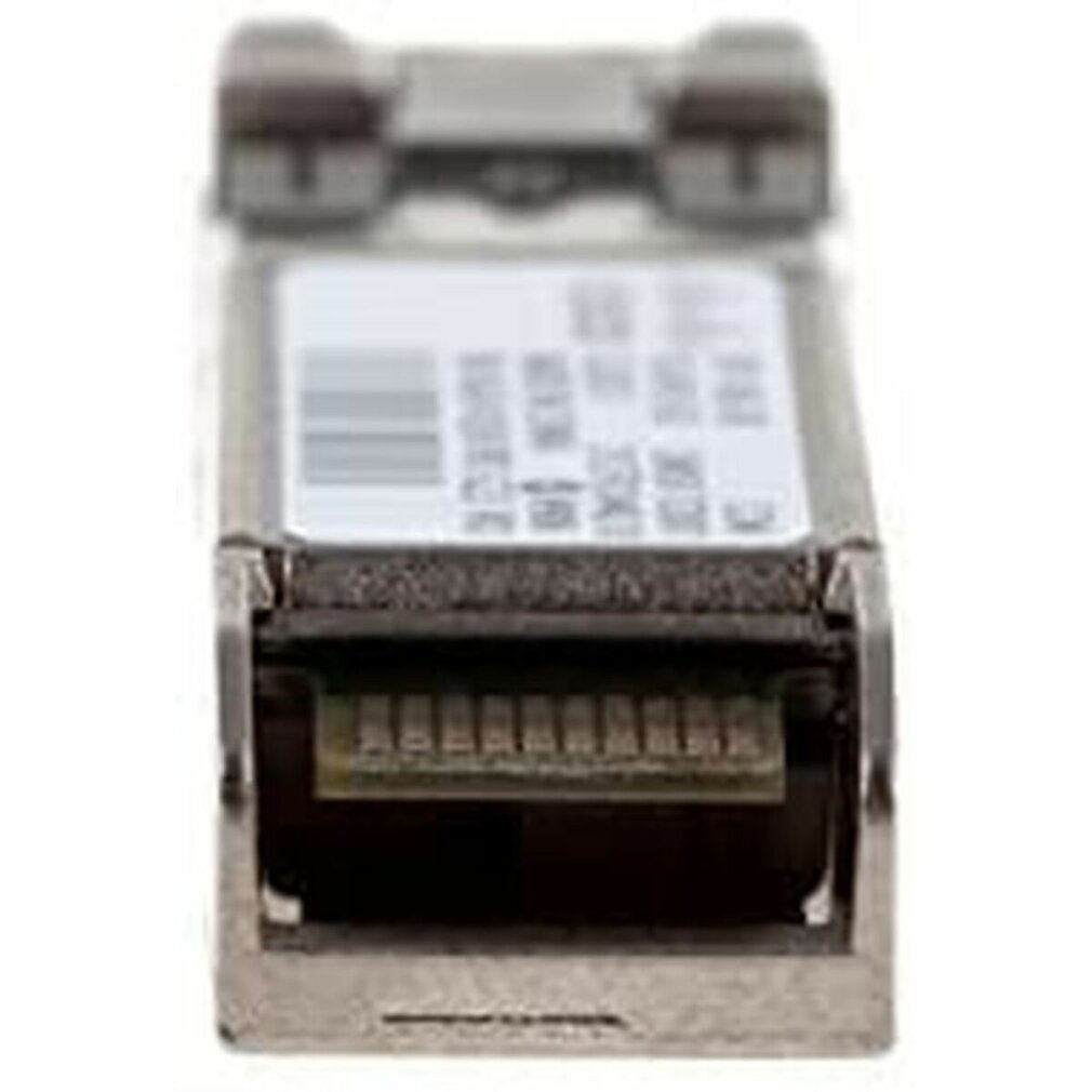 Nahaufnahme einer silbernen elektronischen Komponente mit weißem Etikett. Unten befindet sich ein goldener Stecker und zwei graue Griffe.