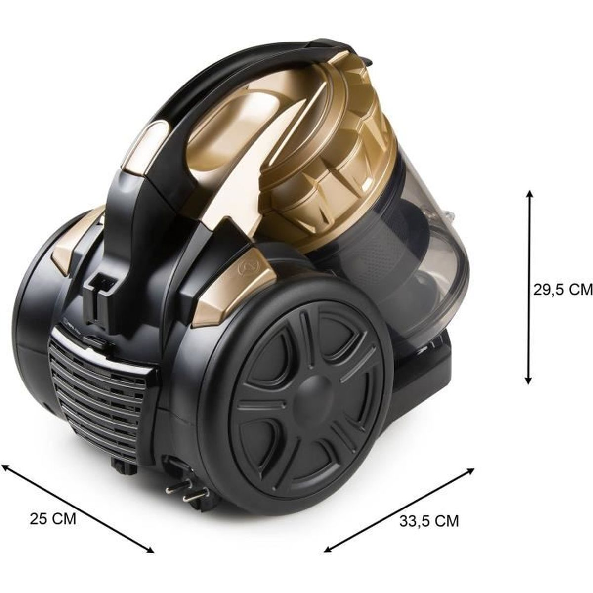 Un aspirapolvere nero e oro con dimensioni indicate: 25 cm, 33,5 cm e 29,5 cm. Ha ruote e un manico.