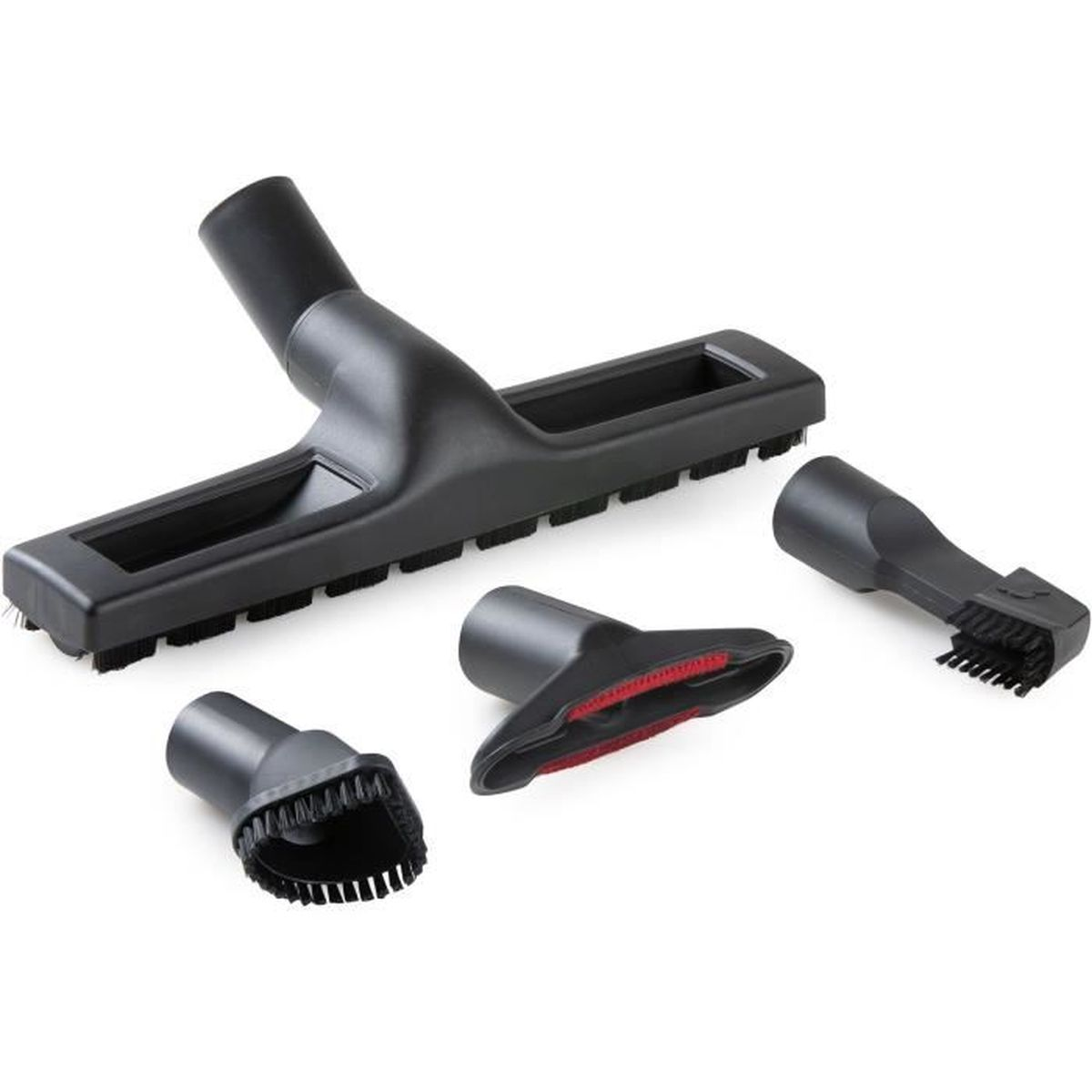 Set di accessori per aspirapolvere neri. Include una testa grande con setole, due piccole testine a spazzola e un ugello con dettagli rossi.