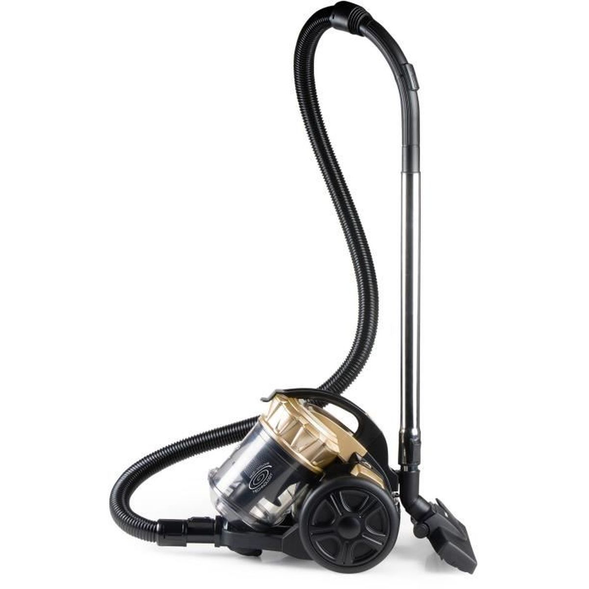 Un aspirapolvere oro e nero con tubo nero e tubo argentato, su sfondo bianco.