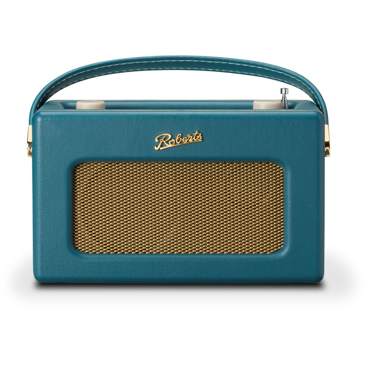 Ein türkisfarbenes Roberts-Radio mit goldenem Lautsprechergitter, Griff und Roberts-Logo. Zwei Knöpfe und eine Antenne sind sichtbar.