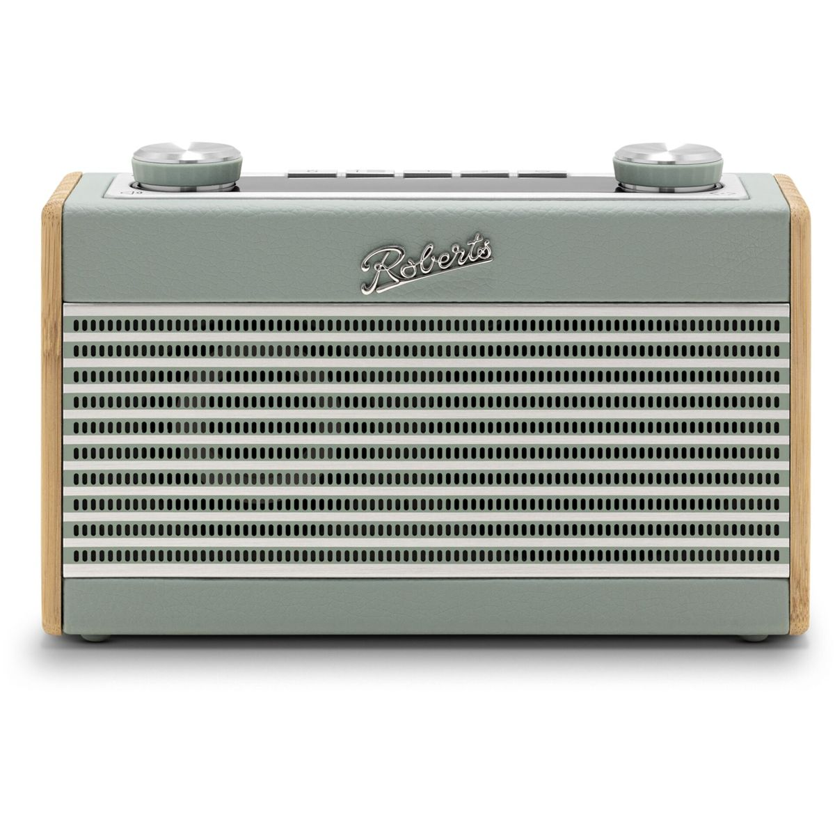 Une radio Roberts. Elle a une face vert clair, des boutons argentés et des trous de haut-parleur. Les côtés sont en bois.