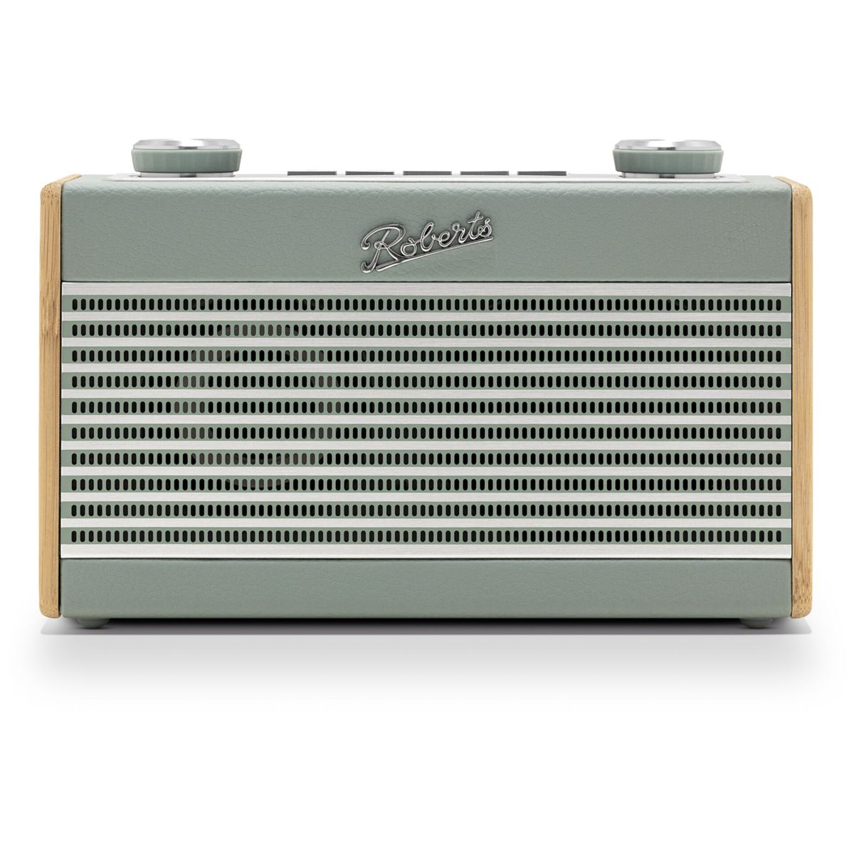 Une radio Roberts vert menthe avec des accents argentés, des côtés en bois et une grille de haut-parleur. Les boutons sont en haut.