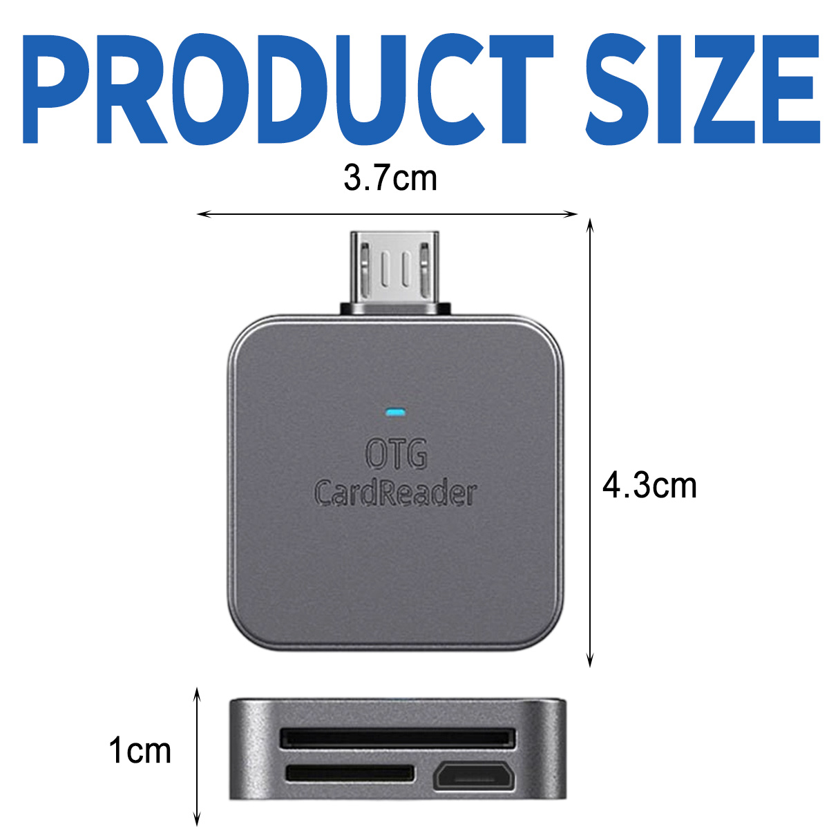 Das Bild zeigt einen OTG-Kartenleser mit den Abmessungen 3,7 cm x 4,3 cm x 1 cm. Der Text 'PRODUCT SIZE' steht über dem Gerät.