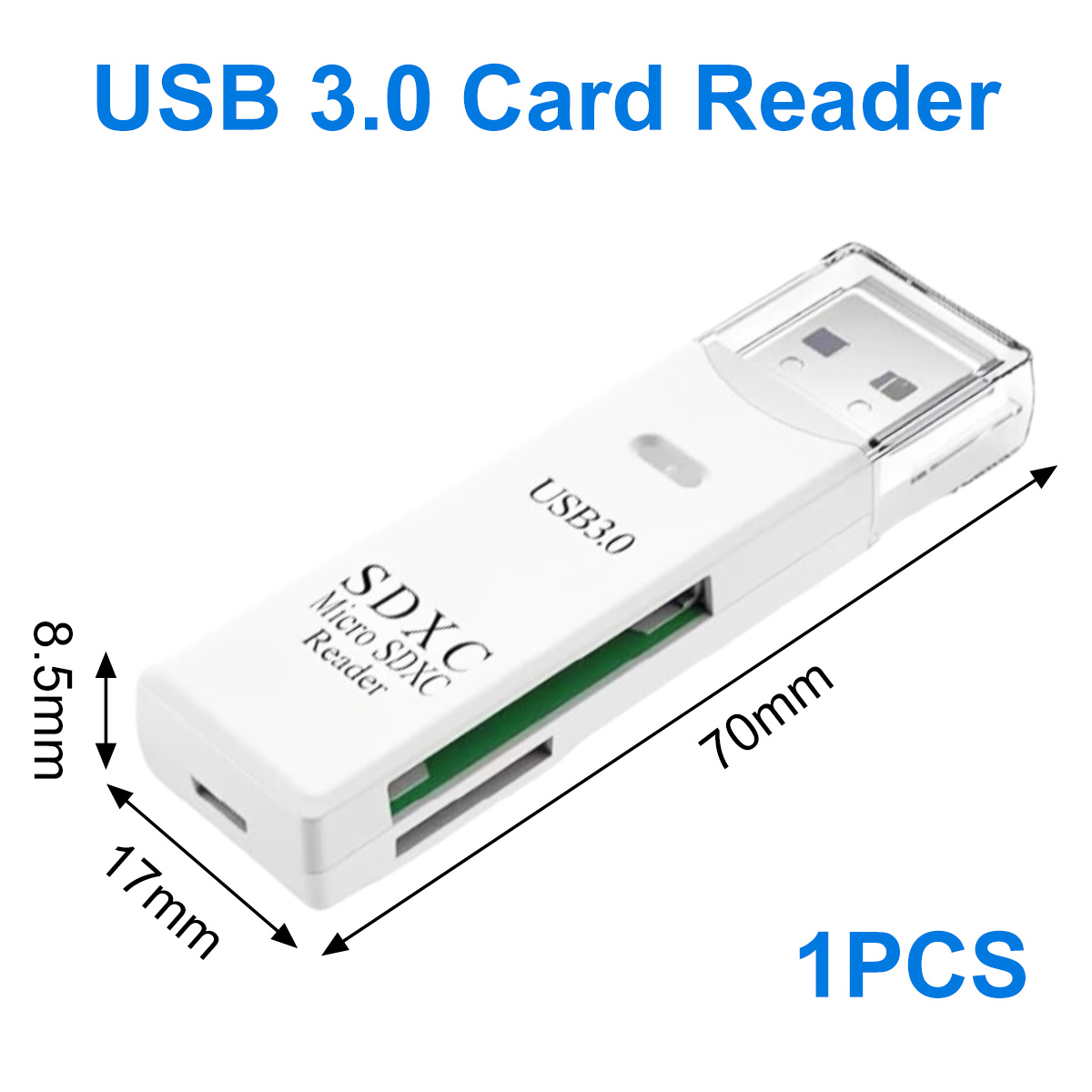Ein weißer USB 3.0 Kartenleser mit Abmessungen und Textbeschriftungen. Er liest SDXC- und Micro-SDXC-Karten. Die Packung enthält 1 Stück.