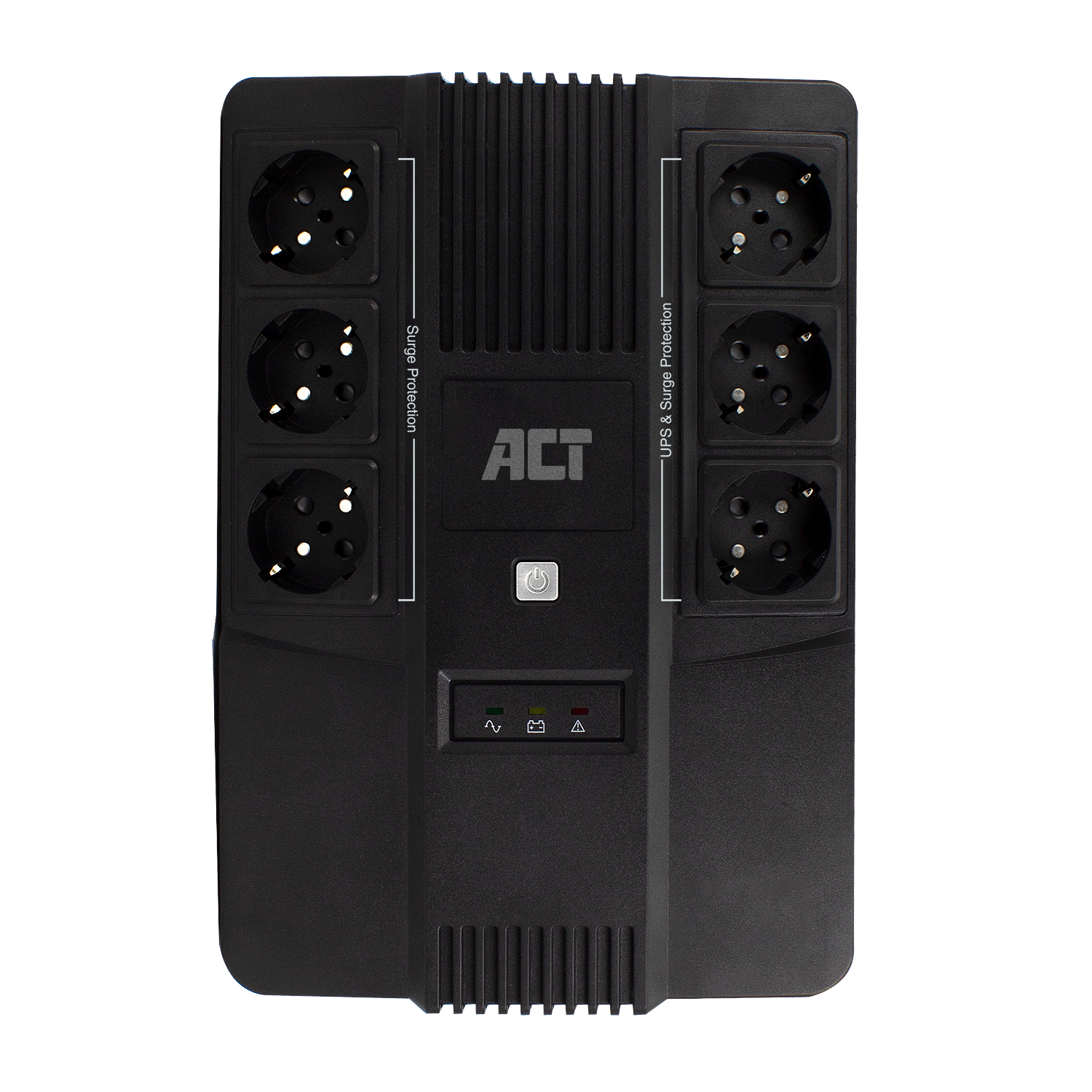 Eine schwarze USV mit sechs Steckdosen. Sie hat ein ACT-Logo, einen Power-Knopf und Kontrollleuchten. Aufschriften lauten 'Surge Protection' und 'UPS & Surge Protection'.
