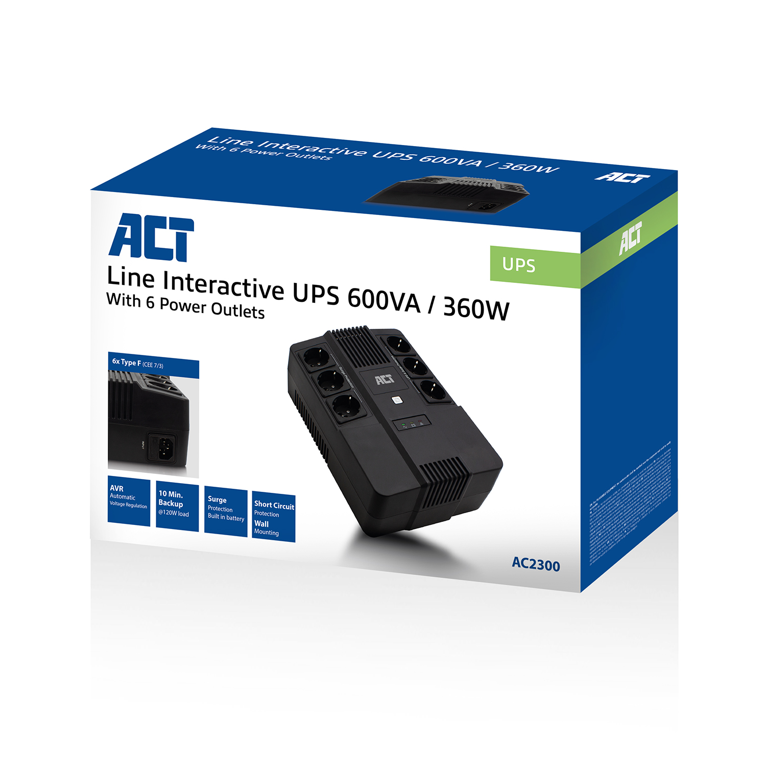 Eine Box mit einem schwarzen USV-Gerät. Auf der Box steht: Line Interactive USV 600VA / 360W, 6 Steckdosen, ACT-Logo.
