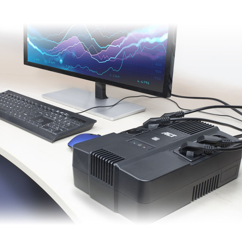 Ein Computertisch mit einem Monitor, der Diagramme anzeigt, einer Tastatur, einer Maus und einem schwarzen Netzteil mit eingesteckten Kabeln.