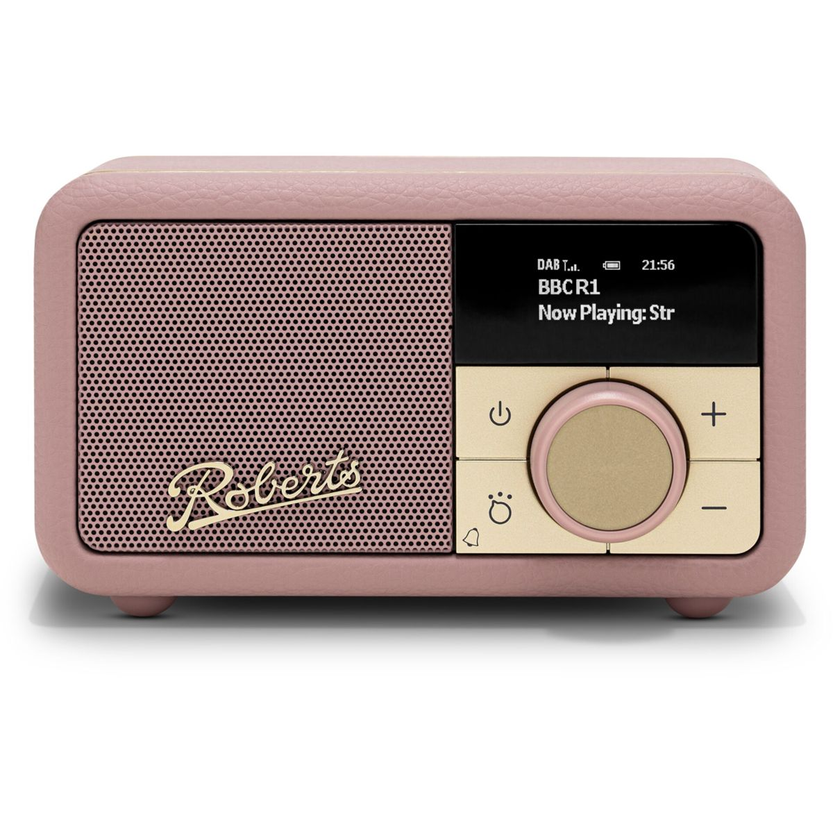 Ein rosa Roberts-Radio. Es hat einen Lautsprecher, ein Display und Bedienelemente. Das Display zeigt 'BBC R1 Now Playing: Str'.
