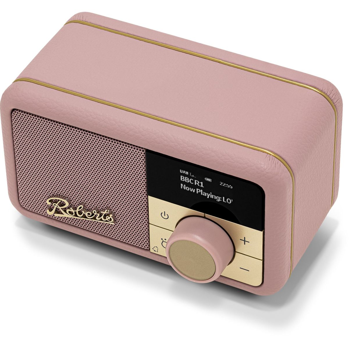 Ein rosa Roberts-Radio. Es hat goldene Verzierungen und einen kleinen Bildschirm mit Radioinformationen. Ein Knopf und Tasten befinden sich rechts.