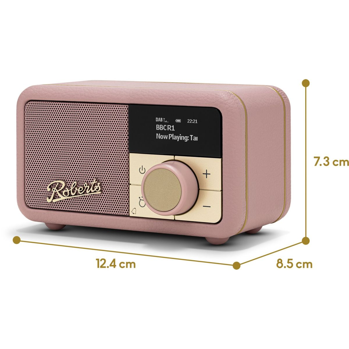 Ein rosa Roberts-Radio. Es hat einen Lautsprecher, einen Bildschirm und Bedienelemente. Abmessungen: 12,4 cm x 8,5 cm x 7,3 cm.