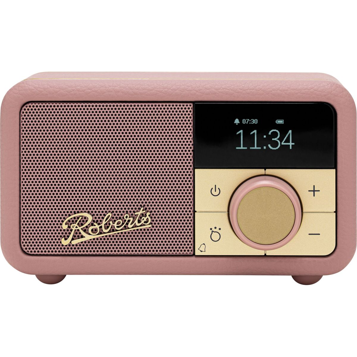 Rosa Roberts-Radio. Es hat einen Lautsprecher, ein Display mit 11:34 und Steuertasten.
