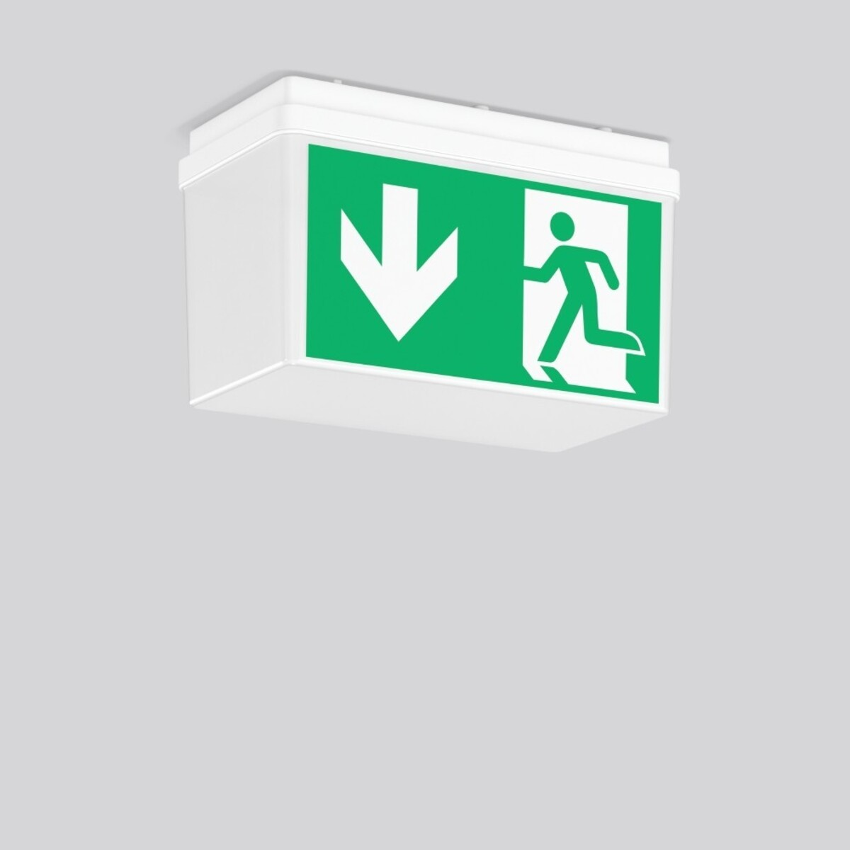 Segnale di uscita di emergenza con freccia verde verso il basso e simbolo di persona che corre, involucro bianco, montato su sfondo grigio.