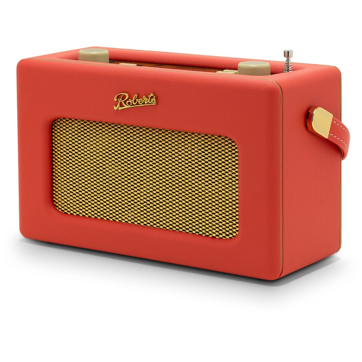 Ein rotes Roberts-Radio mit goldenem Lautsprechergitter. Es hat einen Griff und Knöpfe oben. Das Radio steht auf einer weißen Oberfläche.