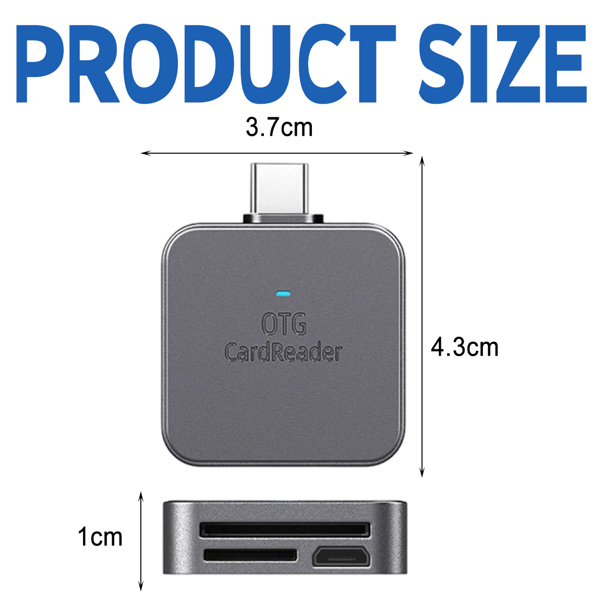Das Bild zeigt einen grauen OTG-Kartenleser mit Maßangaben. Der Text 'PRODUCT SIZE' steht oben.