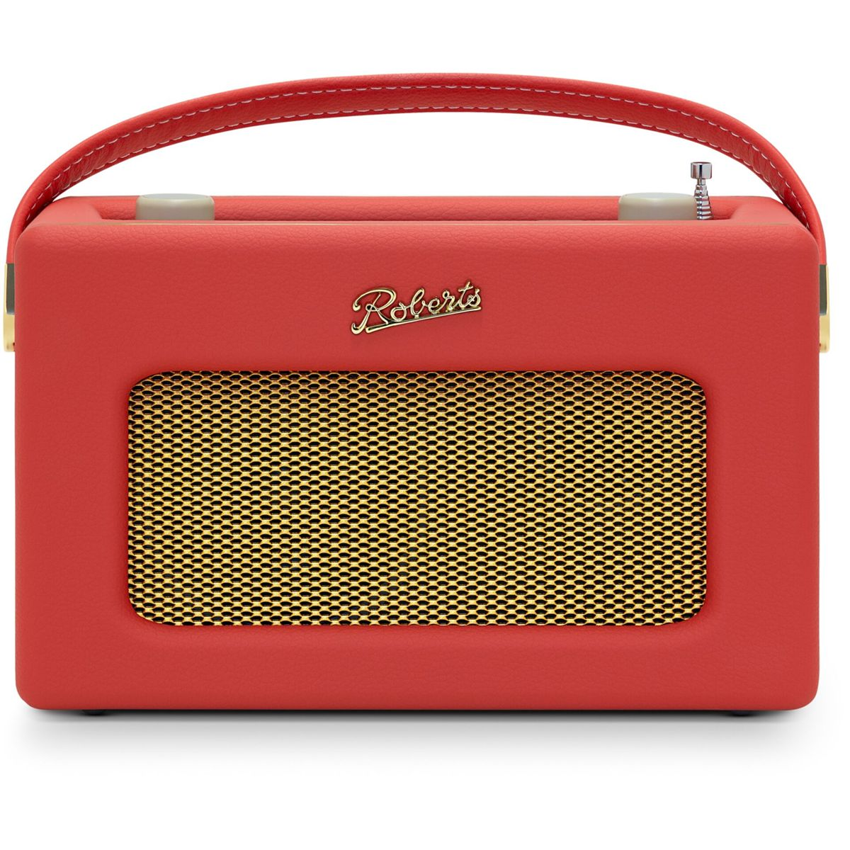 Ein rotes Roberts-Radio mit Griff. Es hat einen goldenen Lautsprecher und ein Roberts-Logo. Der Hintergrund ist weiß.