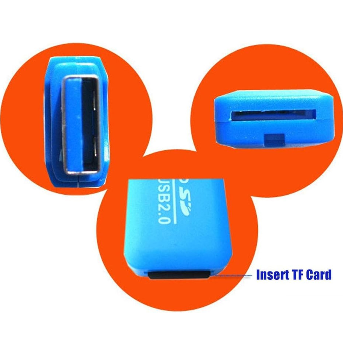 Drei blaue USB-Kartenleser auf orangefarbenem Hintergrund. Einer ist ein USB-Stecker, einer flach und einer zeigt 'Insert TF Card'.