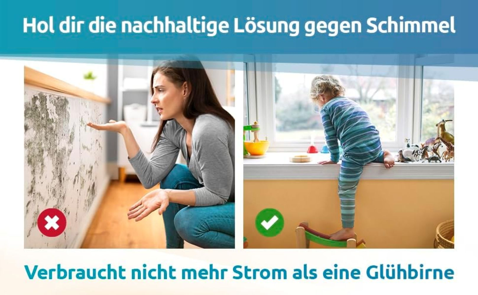 Bild zeigt Frau mit Schimmel und Kind am Fenster. Text: Nachhaltige Lösung gegen Schimmel.