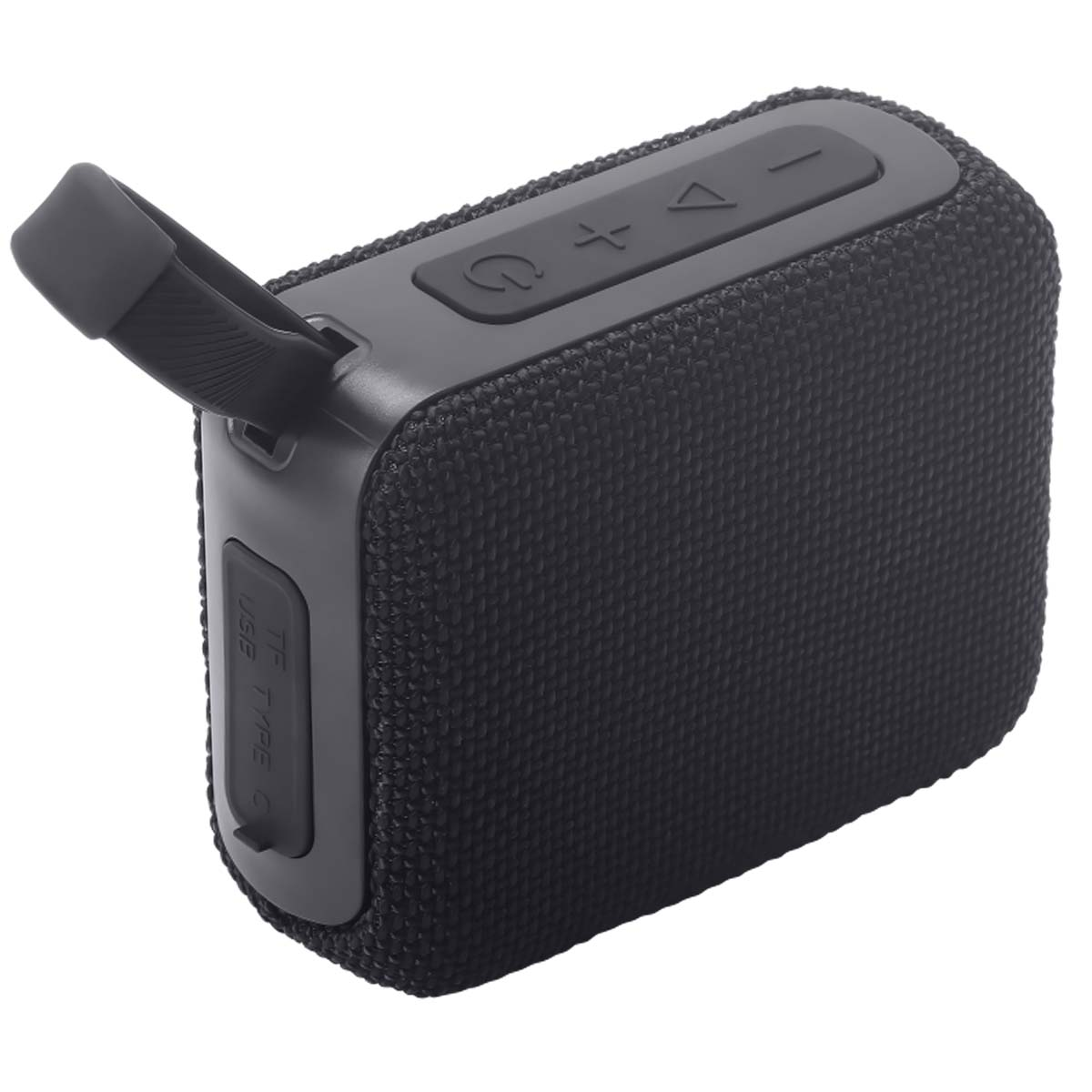 Un altavoz portátil negro con asa. Tiene botones en la parte superior y puertos en el lateral. El altavoz tiene una superficie texturizada.