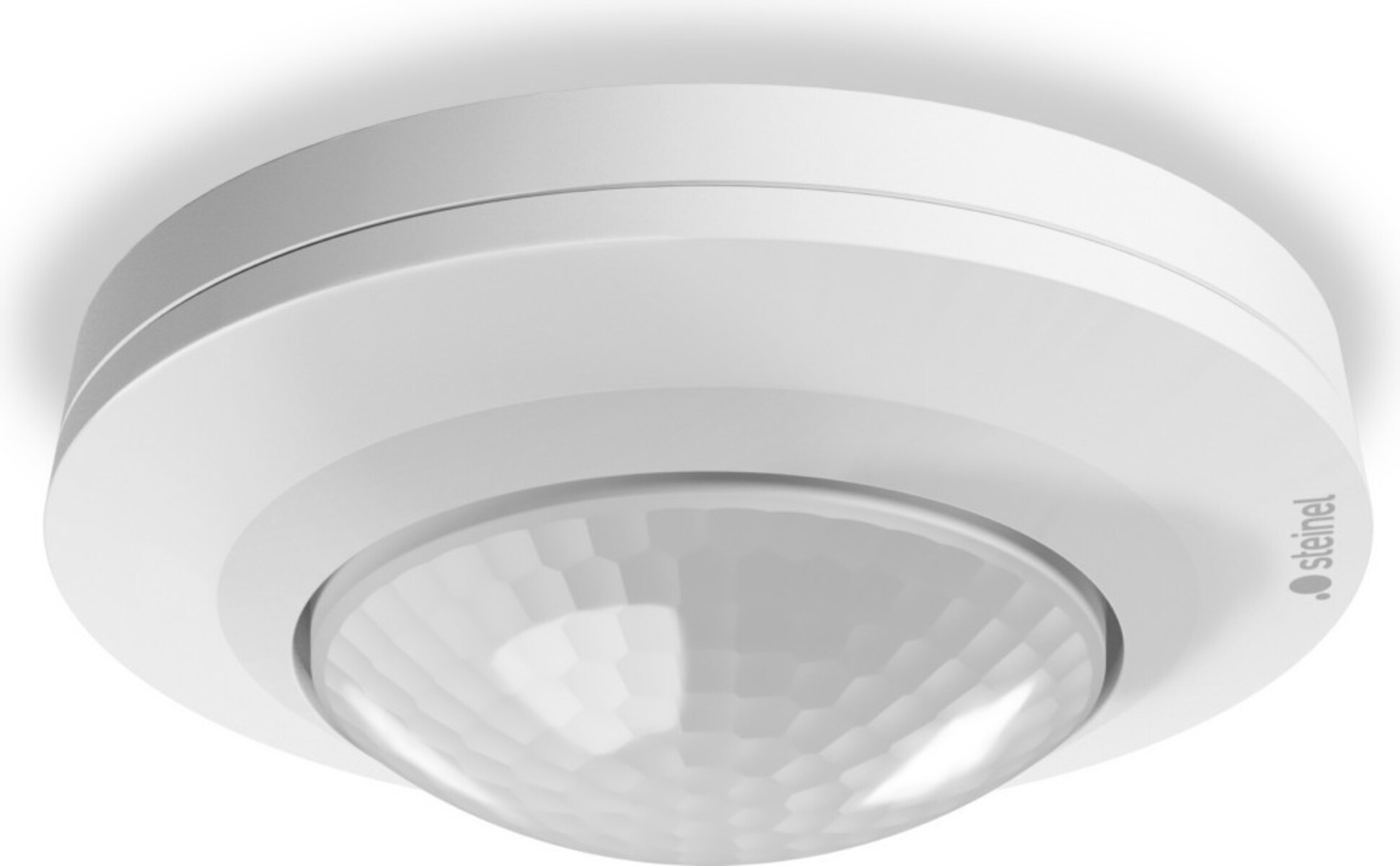 Un sensore di movimento bianco e rotondo montato a soffitto. Ha una lente trasparente sfaccettata e il marchio 'steinel' è visibile.