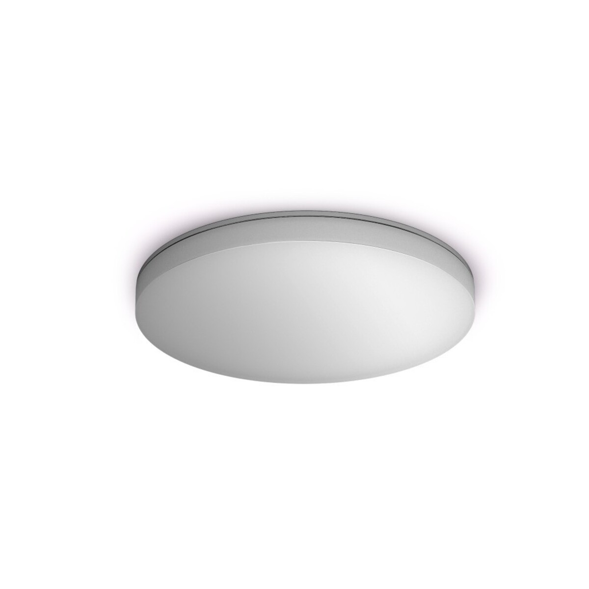Un apparecchio di illuminazione rotondo montato a soffitto. Ha un diffusore bianco smerigliato e una finitura argentata. Lo sfondo è bianco.