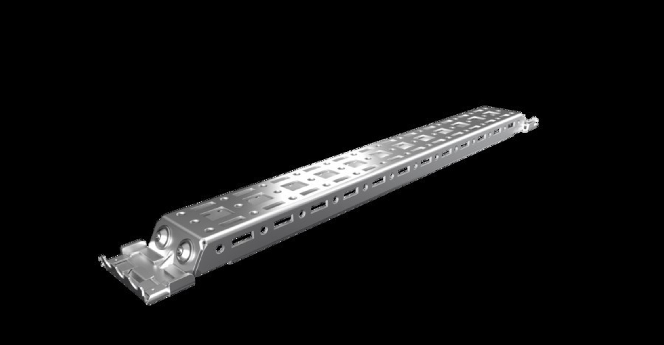 Un componente metallico allungato con fori e base rettangolare su sfondo nero. Sembra un elemento strutturale.