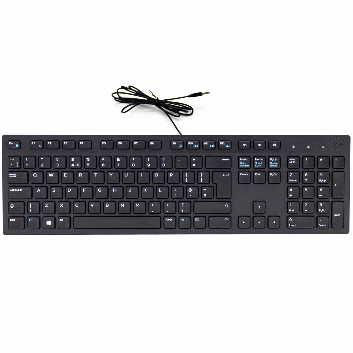 Schwarze Dell-Tastatur mit Tasten und Kabel. Funktionstasten oben, Buchstaben und Zahlen darunter. Dell-Logo rechts.