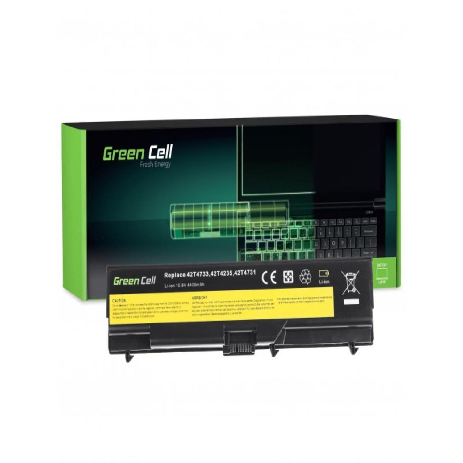 Una batteria per laptop e la sua scatola sono visualizzate. La scatola ha un contorno di laptop. La batteria è nera e gialla, con la scritta 'Green Cell'.