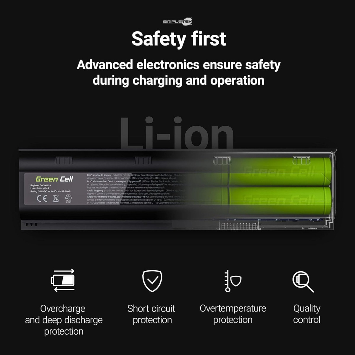 L'immagine mostra una batteria per laptop con caratteristiche di sicurezza. Il testo descrive sovraccarico, cortocircuito e protezione da sovratemperatura.