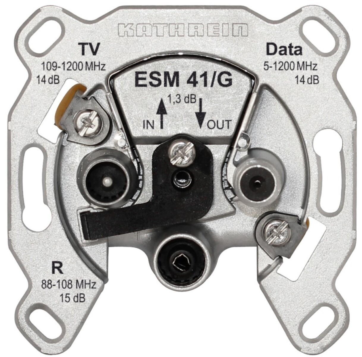 Dispositivo Kathrein ESM 41/G argentato. Ha ingressi e uscite etichettate, con testo per TV, Data e R. Ha diverse porte di connessione.