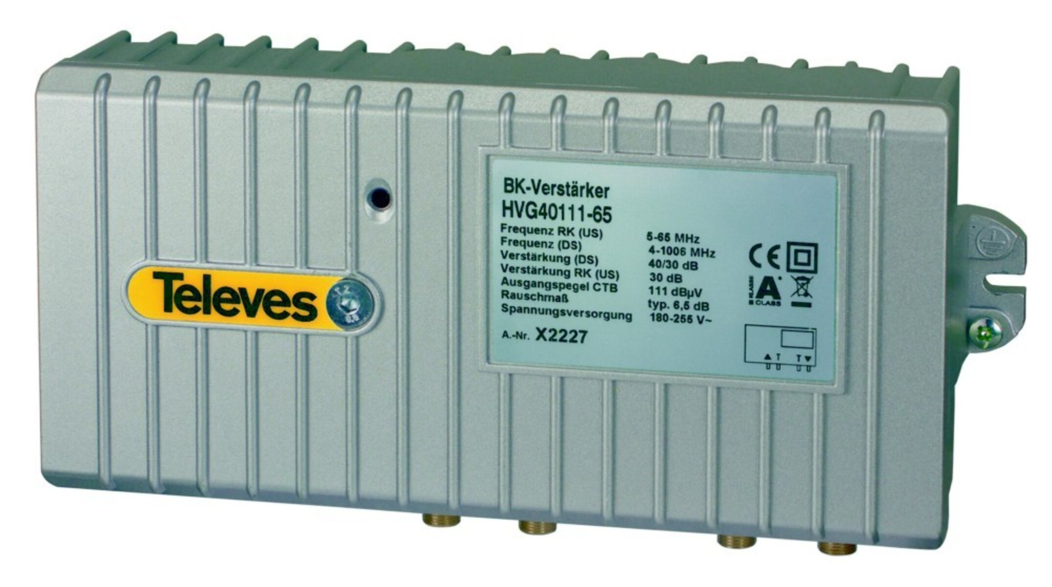 Un amplificatore Televes argentato con un'etichetta. L'etichetta presenta testo come 'HVG40111-65' e specifiche tecniche. Ha diverse porte.