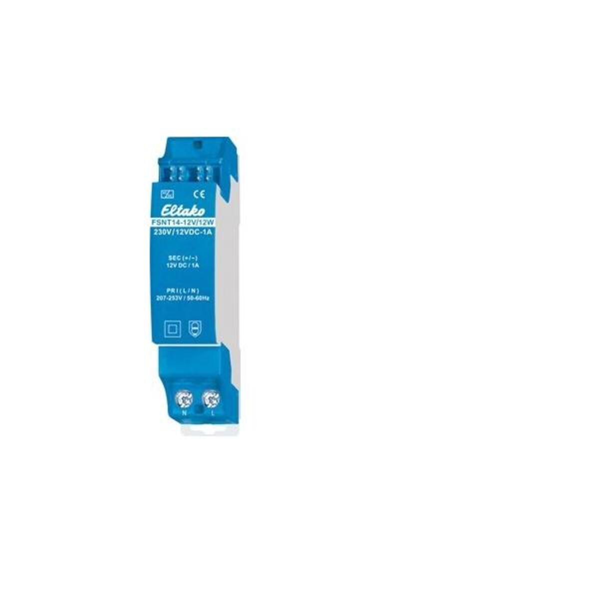 Componente elettrico blu con testo bianco su sfondo bianco. Contiene specifiche di tensione e potenza.