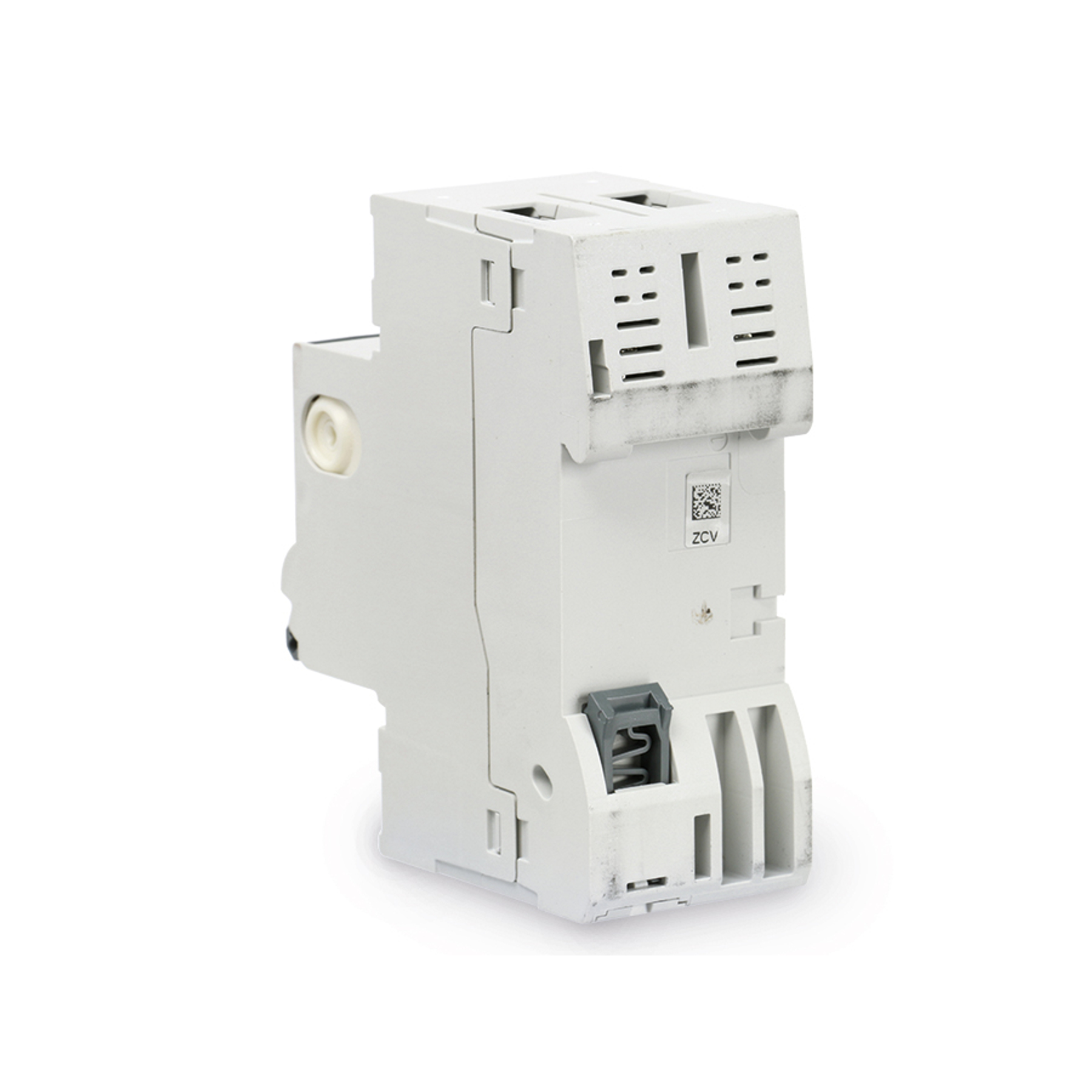 Ein weißes elektrisches Bauteil mit grauem Hebel. Es hat eine rechteckige Form und ein QR-Code-Etikett.